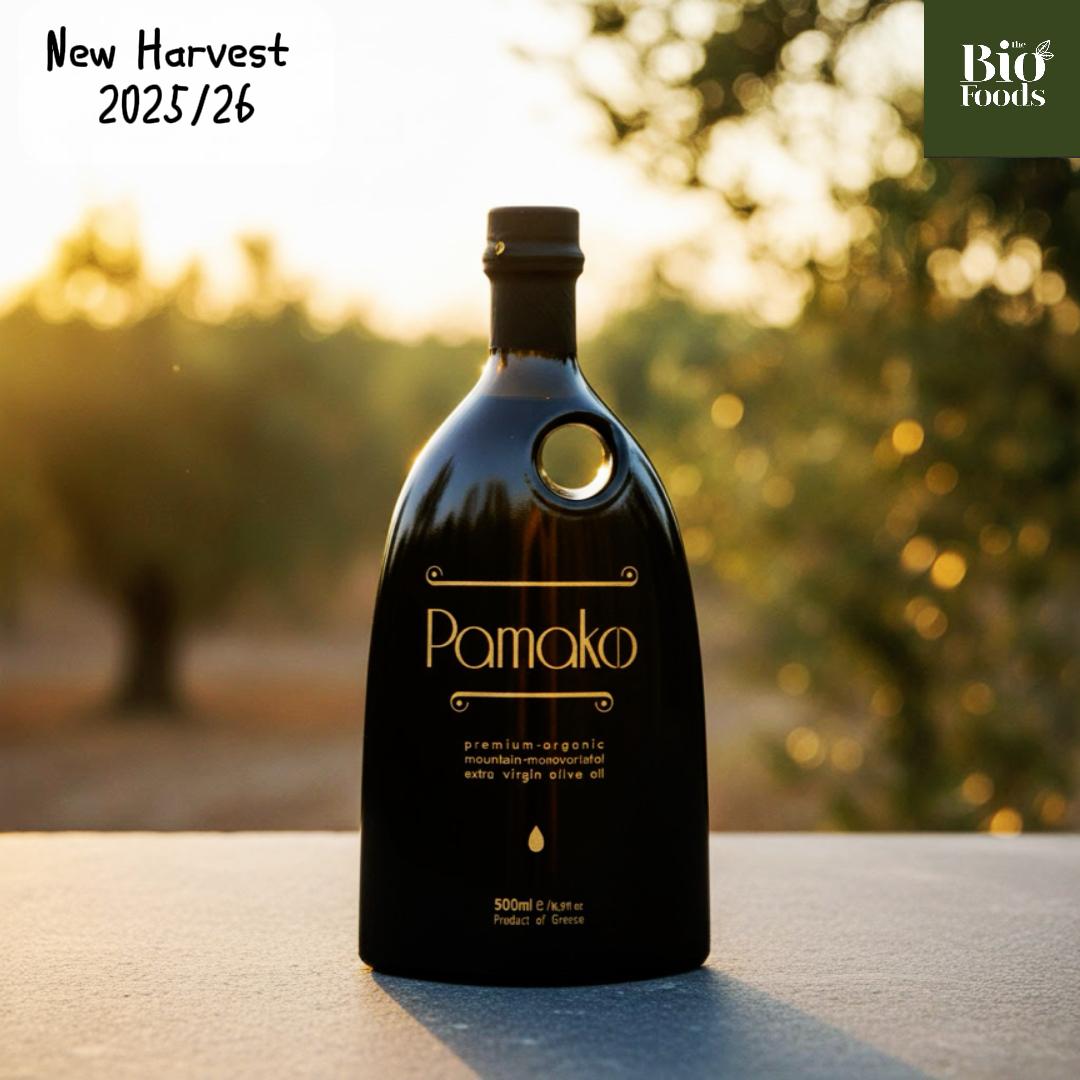 Elegant murrano bottle of Pamako high-phenolic certified organic olive oil. New harvest available at The Bio Foods.
