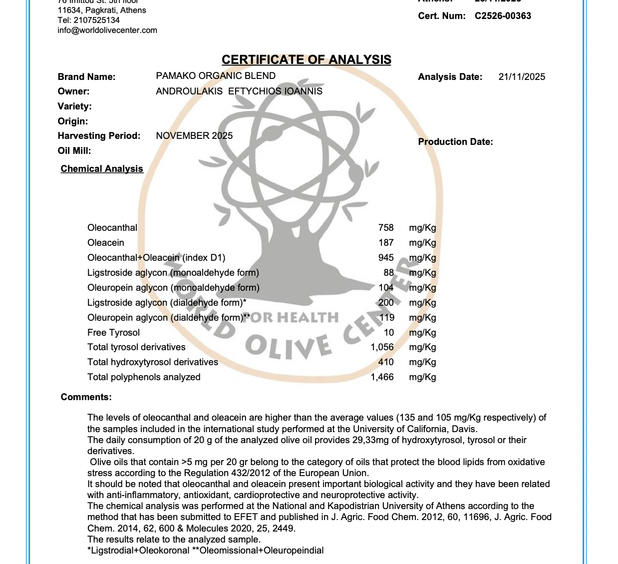 Certificate of analysis of Blend Pamako Olive oil and confirmation of phenol content of 1466 mg/kg.