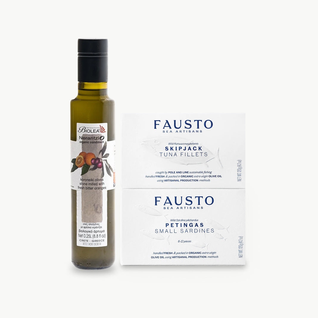 Organic Biolea orange infused olive oil with Fausto skipjack tuna fillets and small sardines in organic EVOO gourmet bundle