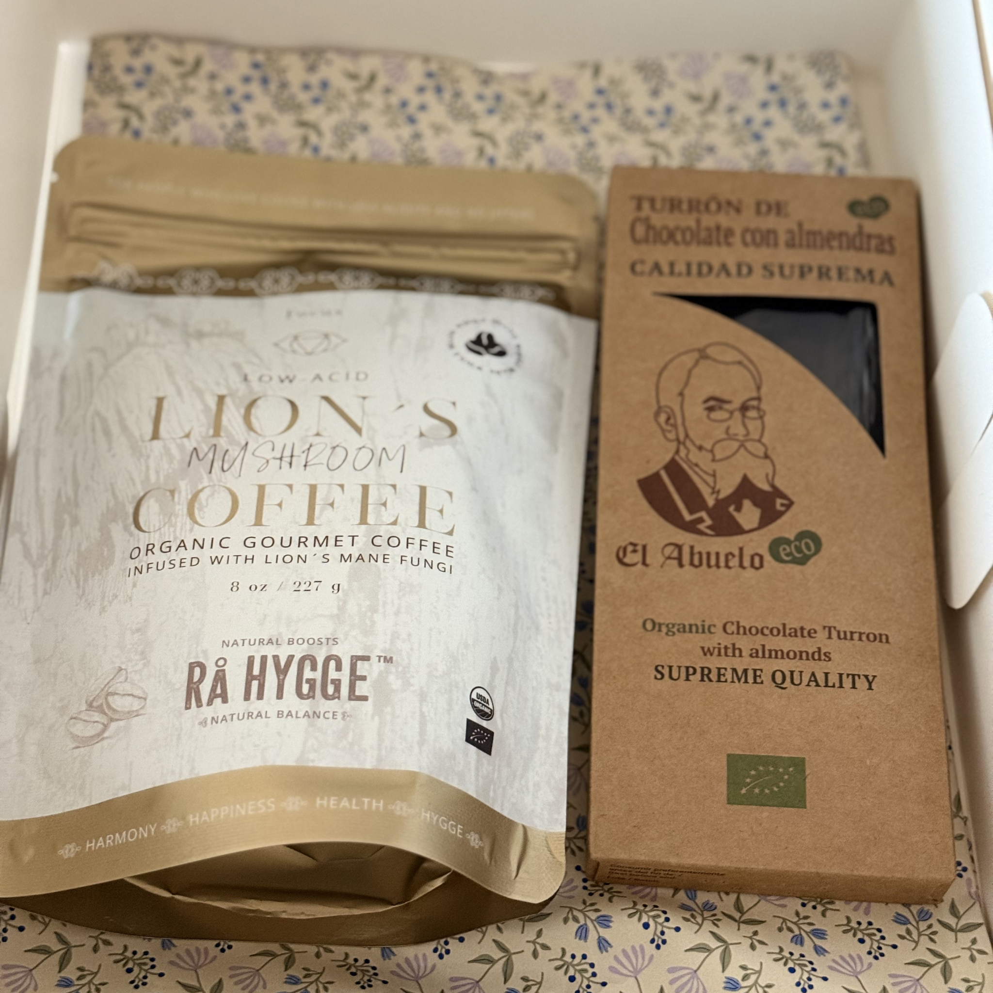 A package of Lion's Mane coffee and El Abuelo organic chocolate turron premium and certified organic gift collection.