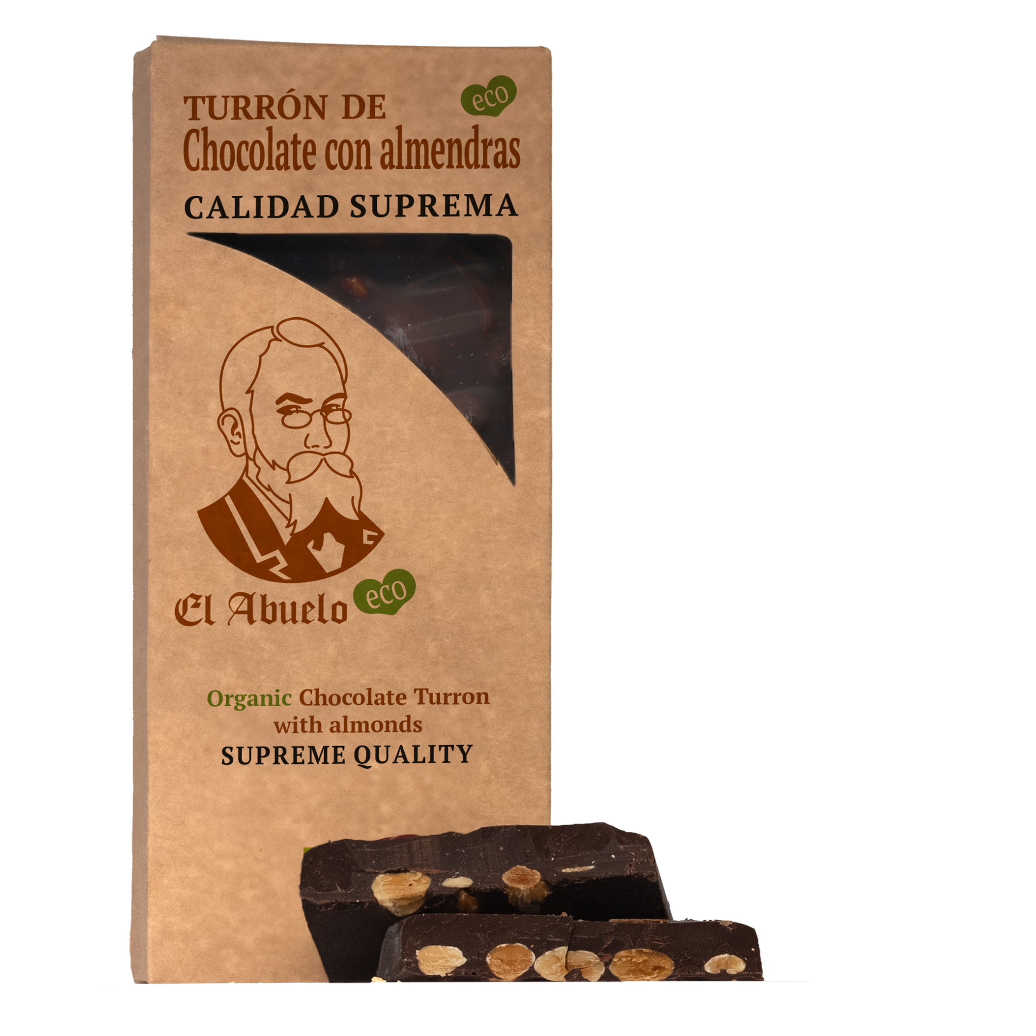 Elegant vegan chocolate packaging with whole almonds, organic gourmet style. Chocolate turron from Jijona.