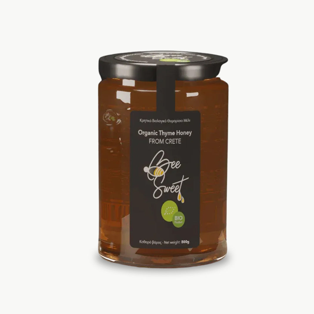 Organic thyme honey from Crete Bee Sweet brand in glass jar