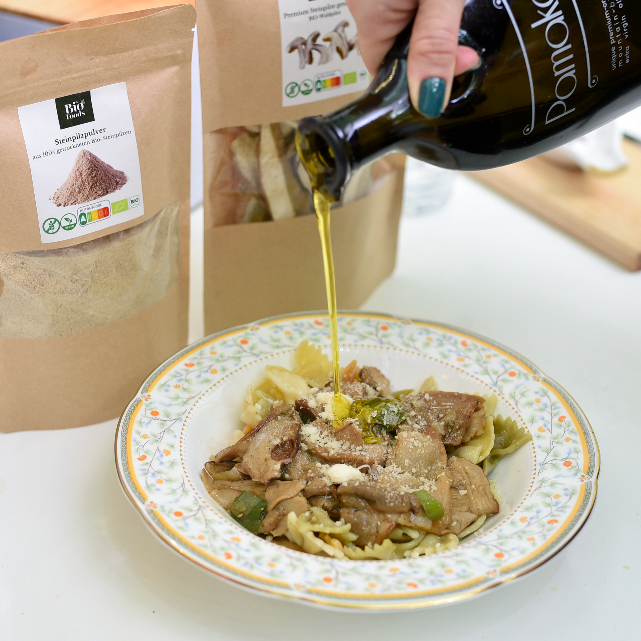 Organic Premium Dried Porcini pasta plate and EVOO Pamako Blend - The Bio Foods