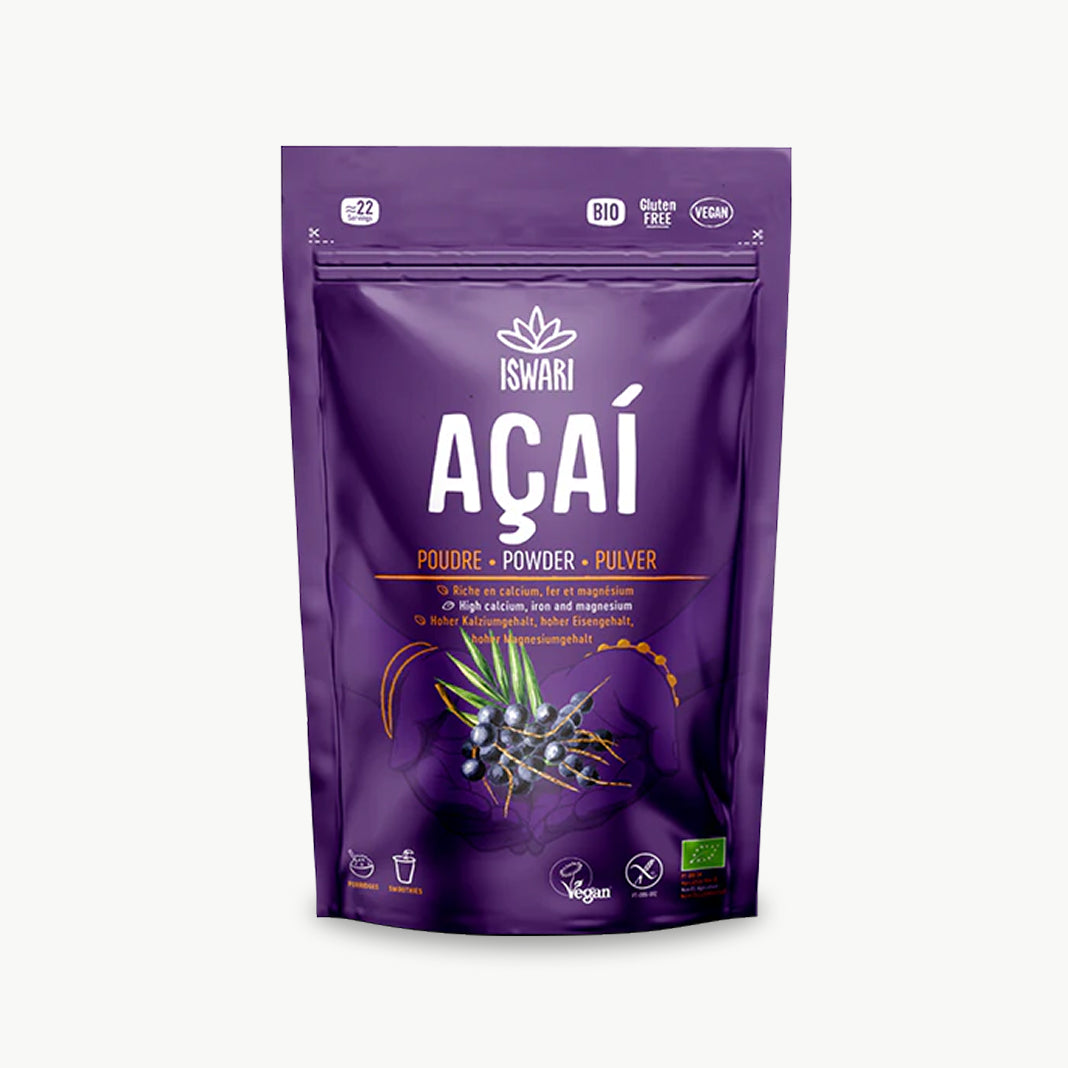 Organic acai berry powder superfood in purple packaging