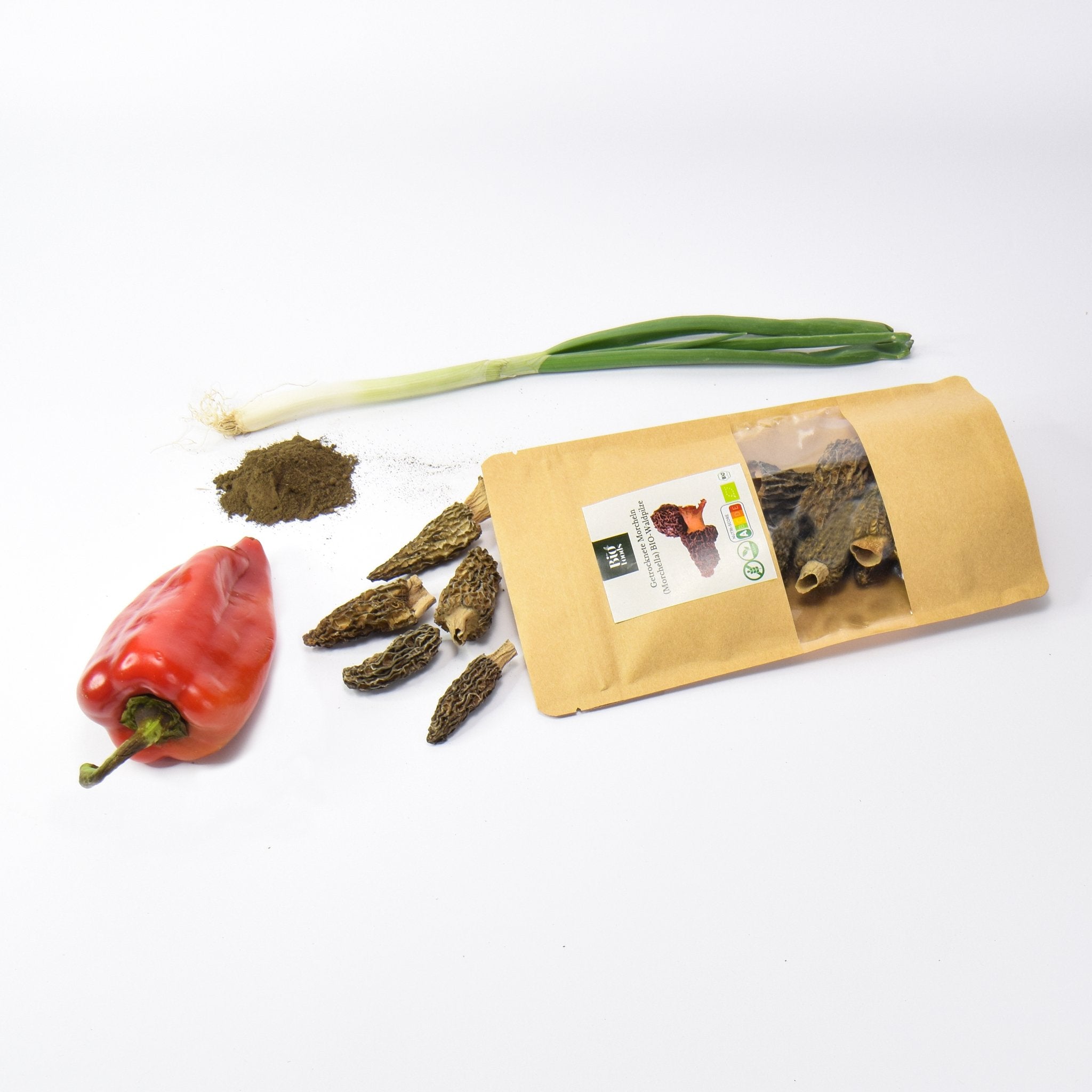 A package of morel mushrooms on the table. Certified organic with A nutriscore. 