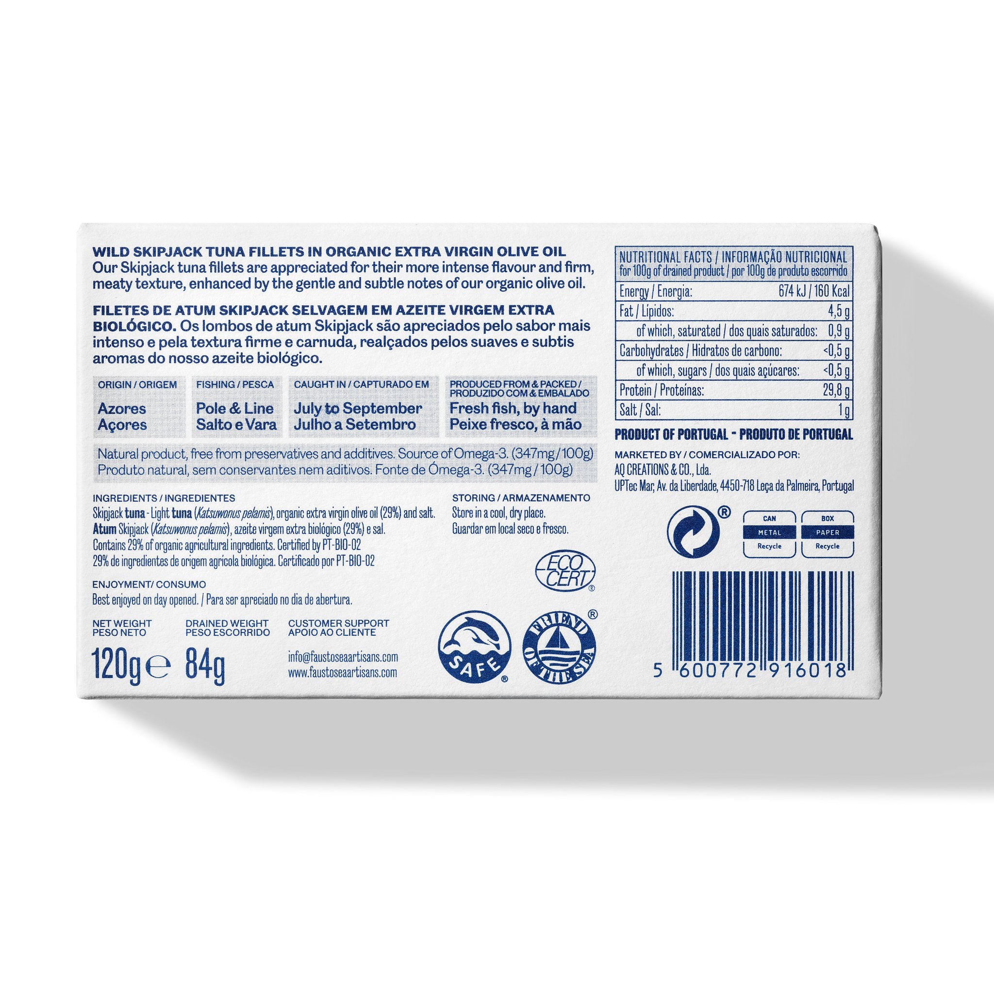 A does of Wild Tuna Fillets in Organic EVOO from Portugal with all characteristics  - Friend of the sea, Fishing zone, Organic EVOO