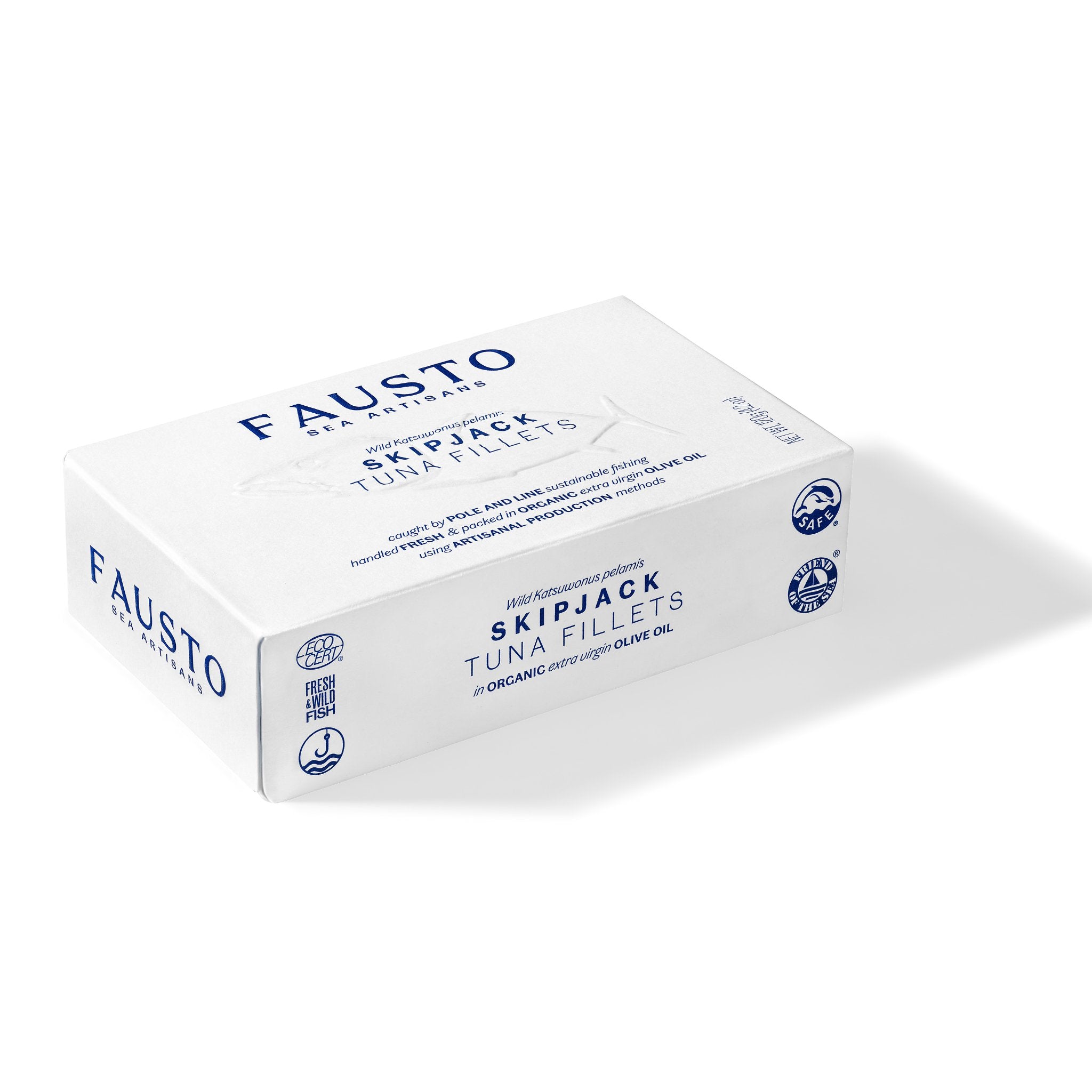 A does of Wild Tuna Fillets in Organic EVOO packed in elegant white paper box 